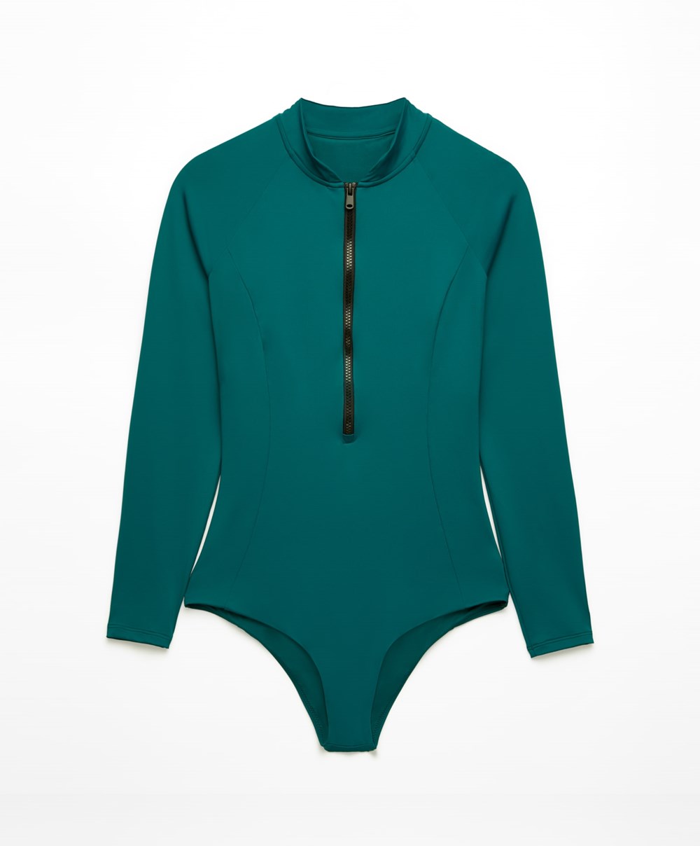 Sapphire Green Oysho Long-sleeved Zip Swimsuit | ROXP20961