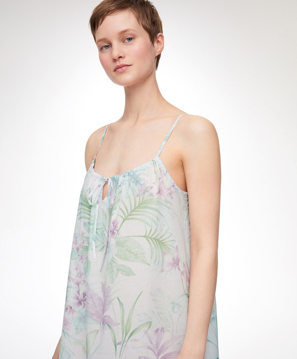 Soft Mauve Oysho Tropical 100% Cotton Strappy Midi Nightdress | DVSQ42537