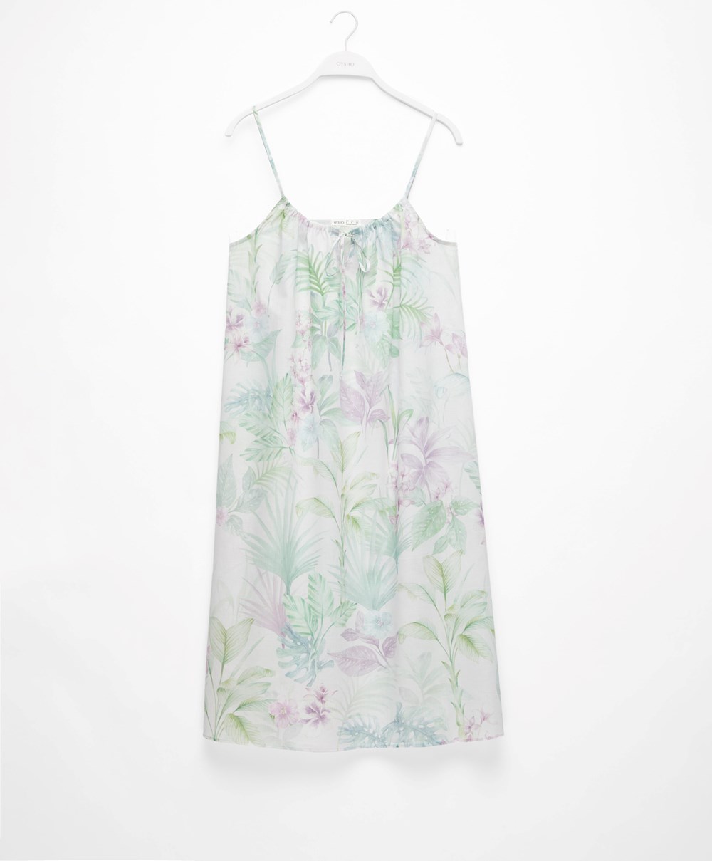 Soft Mauve Oysho Tropical 100% Cotton Strappy Midi Nightdress | DVSQ42537