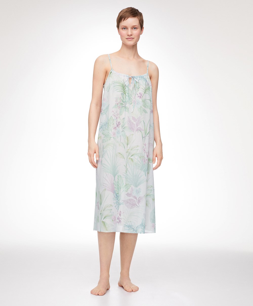 Soft Mauve Oysho Tropical 100% Cotton Strappy Midi Nightdress | TKLD72106