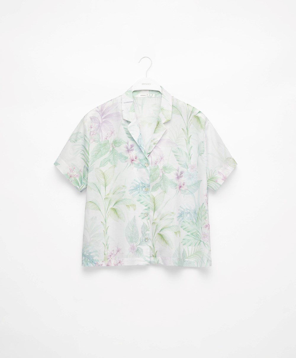 Soft Mauve Oysho Tropical Print Short-sleeved 100% Cotton Shirt | IDEY53706