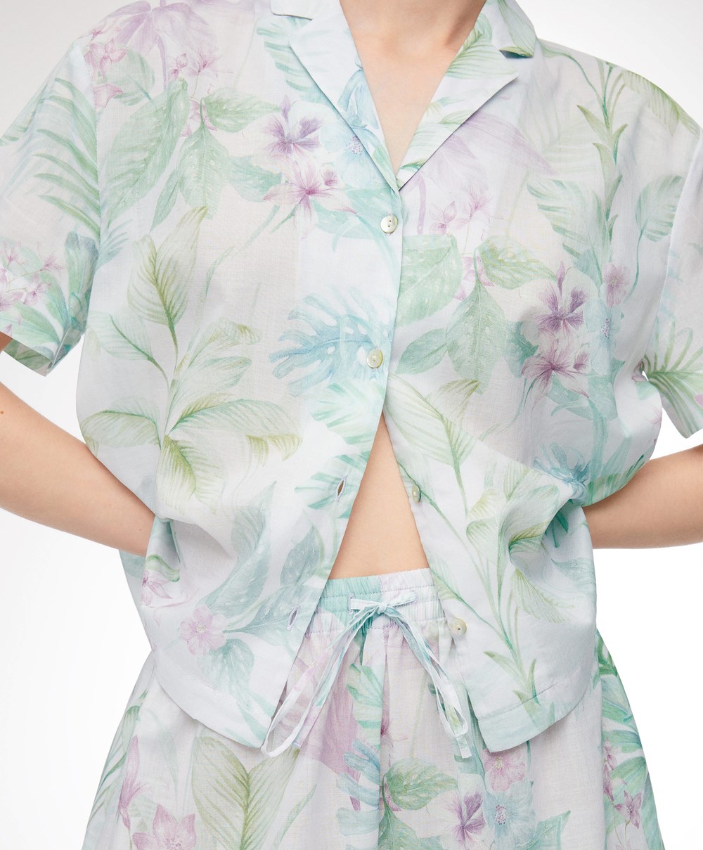 Soft Mauve Oysho Tropical Print Short-sleeved 100% Cotton Shirt | KFBZ23841