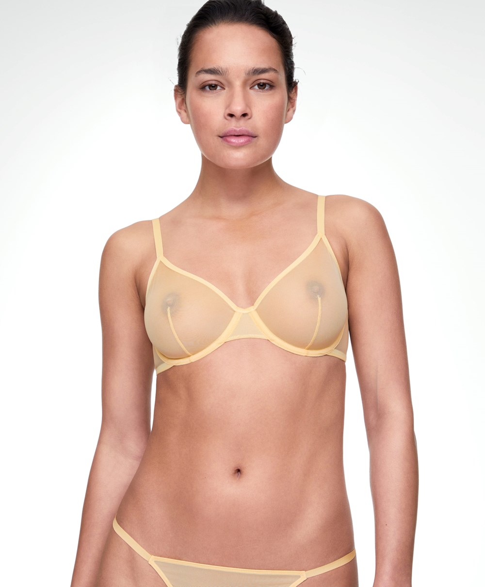 Soft Yellow Oysho Non-padded Underwired Classic Bra In Tulle | XMBL92706