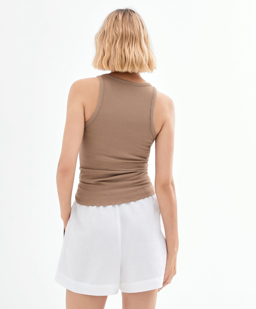 Tobacco Brown Oysho Ribbed Vest Top | OHVA97863