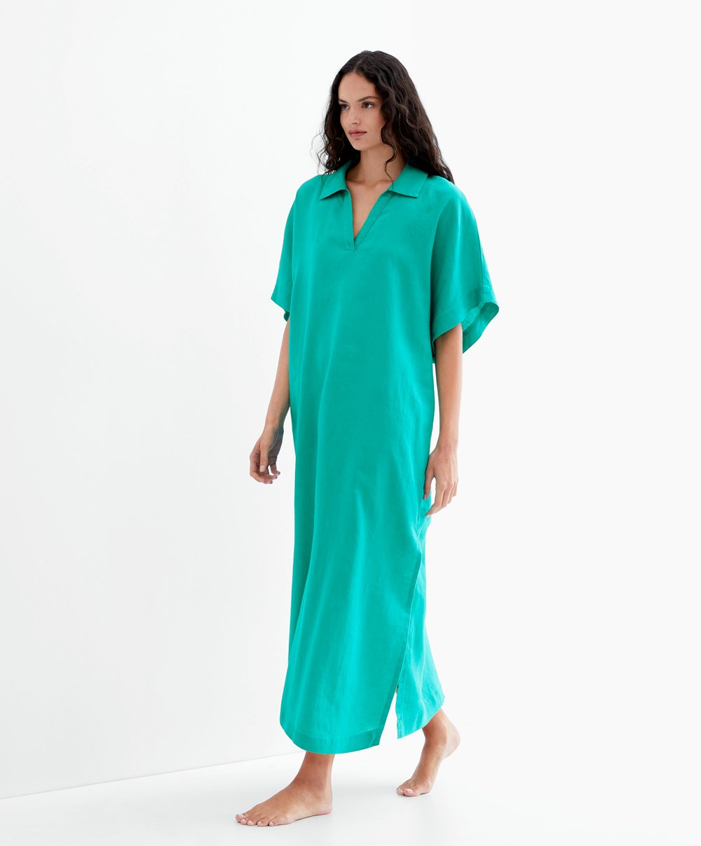 Turquoise Green Oysho 100% Linen Polo Collar Tunic Dress | FPRG80769