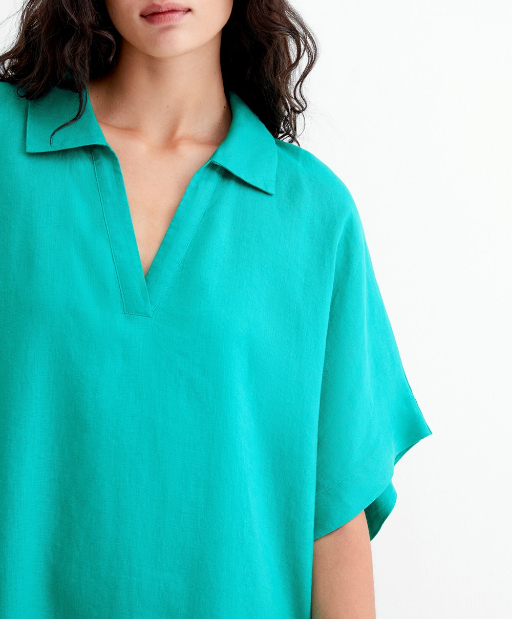 Turquoise Green Oysho 100% Linen Polo Collar Tunic Dress | FPRG80769