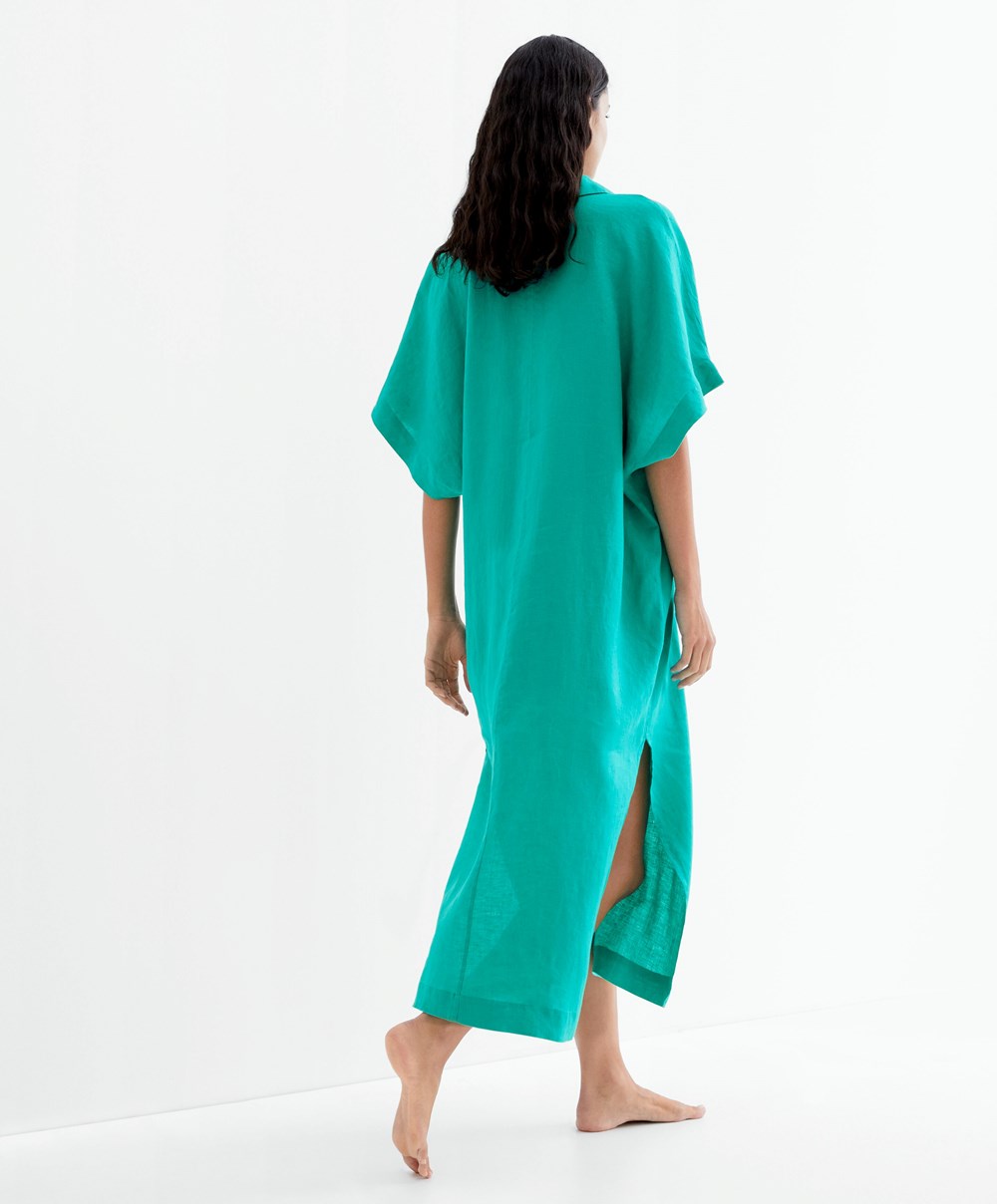 Turquoise Green Oysho 100% Linen Polo Collar Tunic Dress | FPRG80769