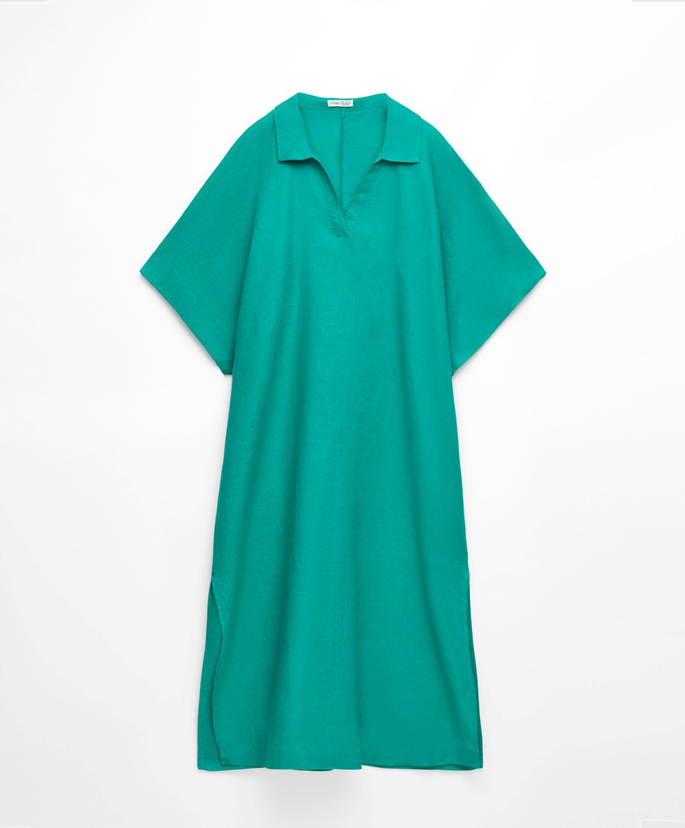 Turquoise Green Oysho 100% Linen Polo Collar Tunic Dress | FPRG80769