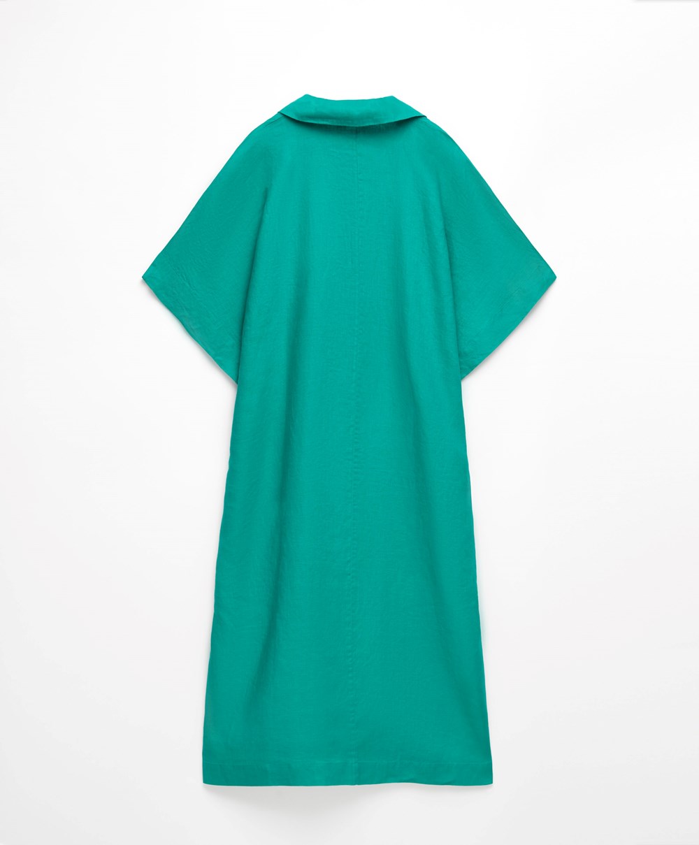 Turquoise Green Oysho 100% Linen Polo Collar Tunic Dress | FPRG80769