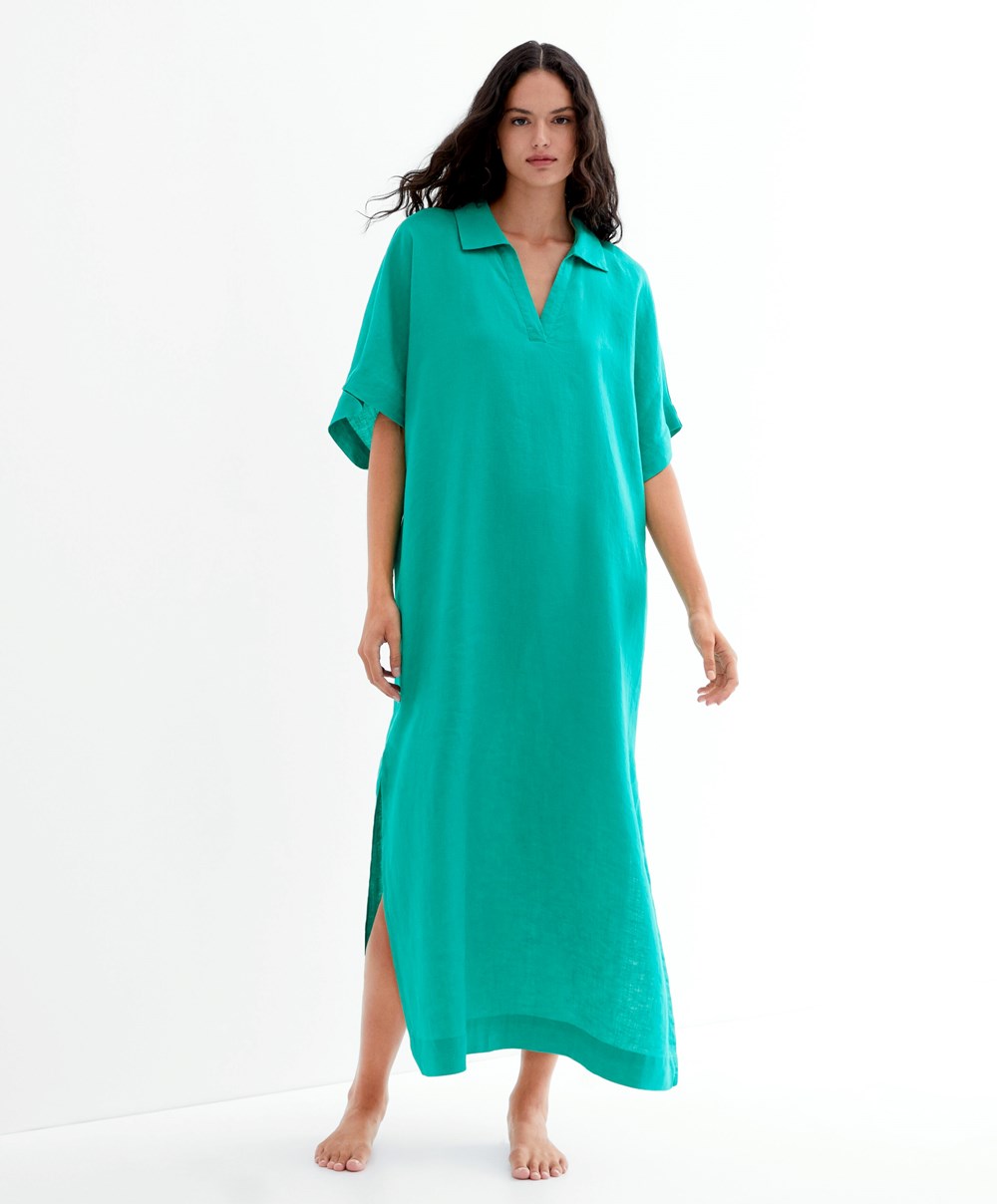 Turquoise Green Oysho 100% Linen Polo Collar Tunic Dress | FPRG80769