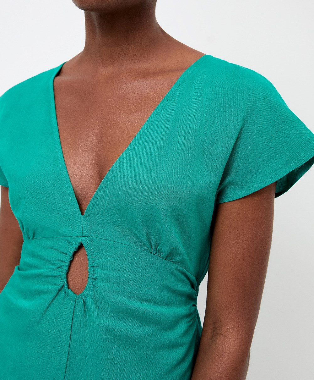 Turquoise Green Oysho Linen Midi Dress | ZTGD03516