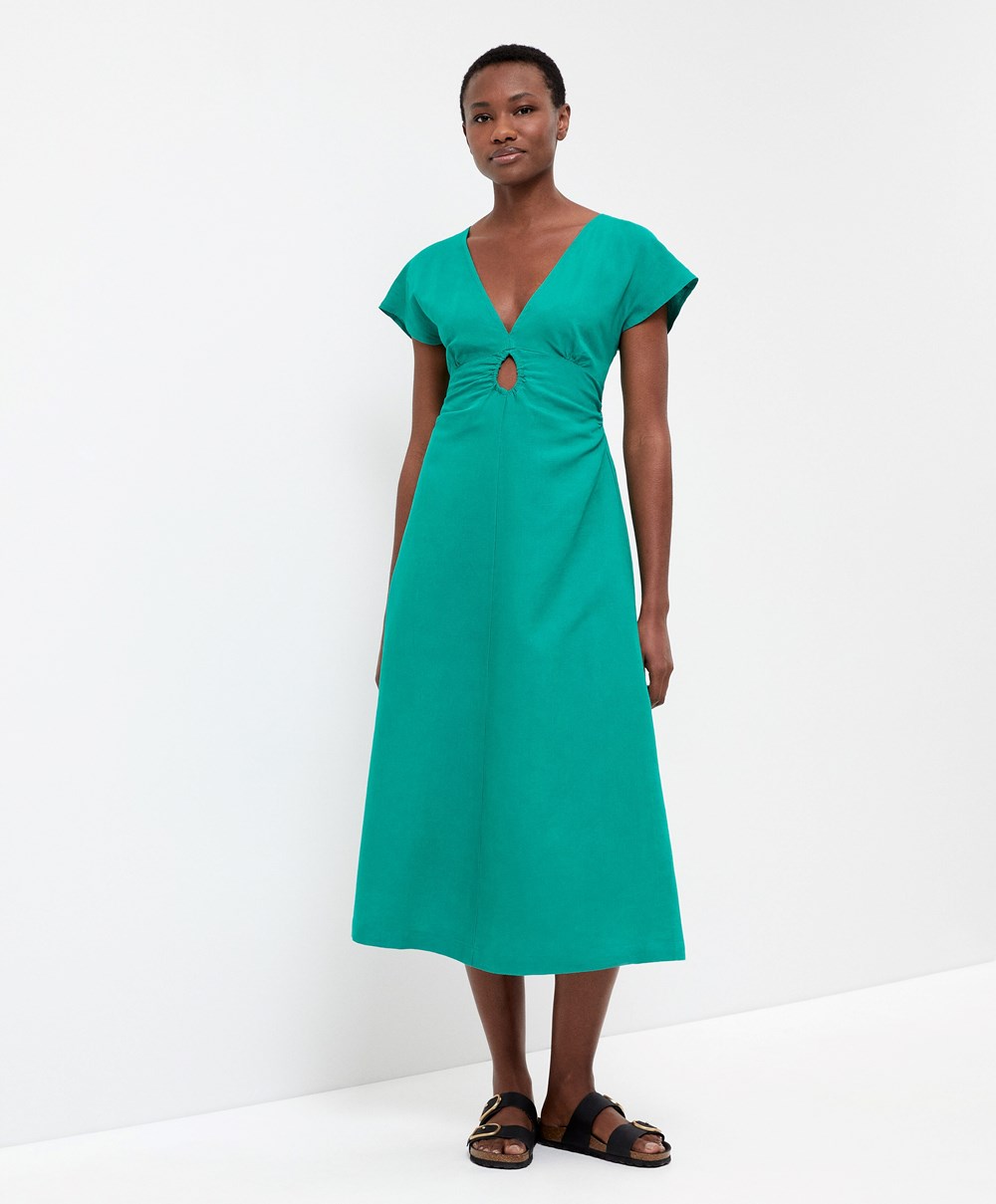 Turquoise Green Oysho Linen Midi Dress | ZTGD03516