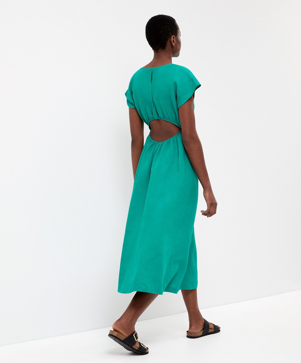 Turquoise Green Oysho Linen Midi Dress | ZTGD03516