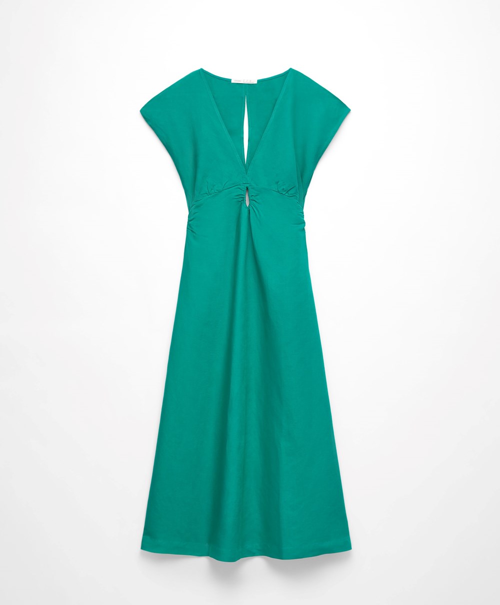 Turquoise Green Oysho Linen Midi Dress | ZTGD03516