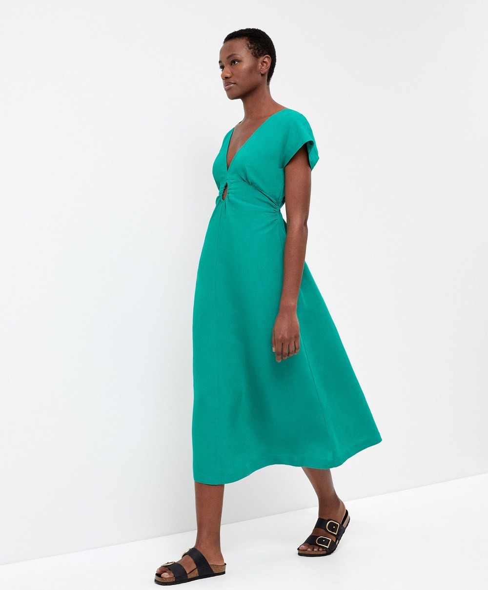 Turquoise Green Oysho Linen Midi Dress | ZTGD03516