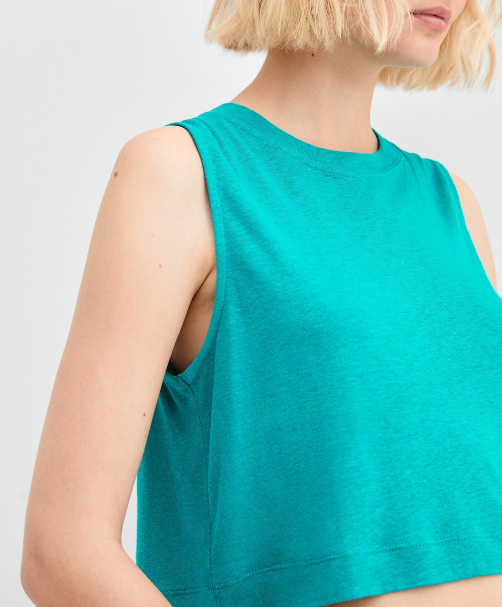 Turquoise Green Oysho Sleeveless Linen T-shirt | JEFN43806