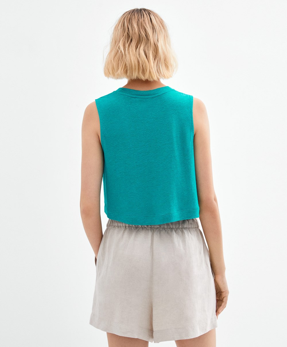 Turquoise Green Oysho Sleeveless Linen T-shirt | JEFN43806