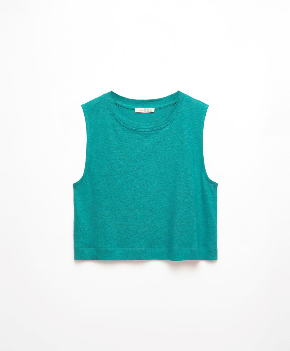 Turquoise Green Oysho Sleeveless Linen T-shirt | JEFN43806