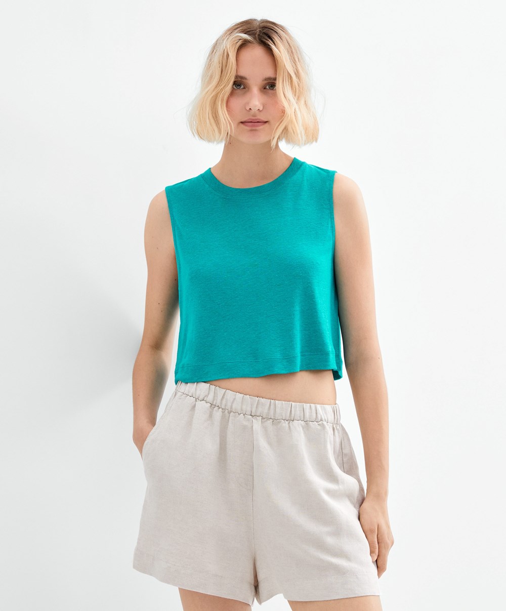 Turquoise Green Oysho Sleeveless Linen T-shirt | JEFN43806