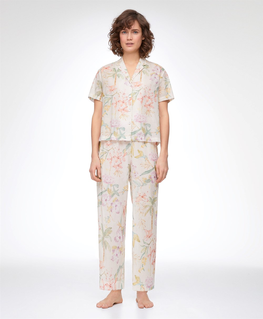 Vanilla Oysho Floral 100% Cotton Short-sleeved Shirt | ETNL69058