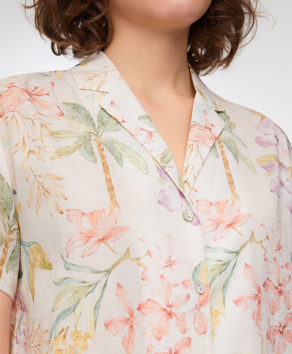 Vanilla Oysho Floral 100% Cotton Short-sleeved Shirt | ETNL69058