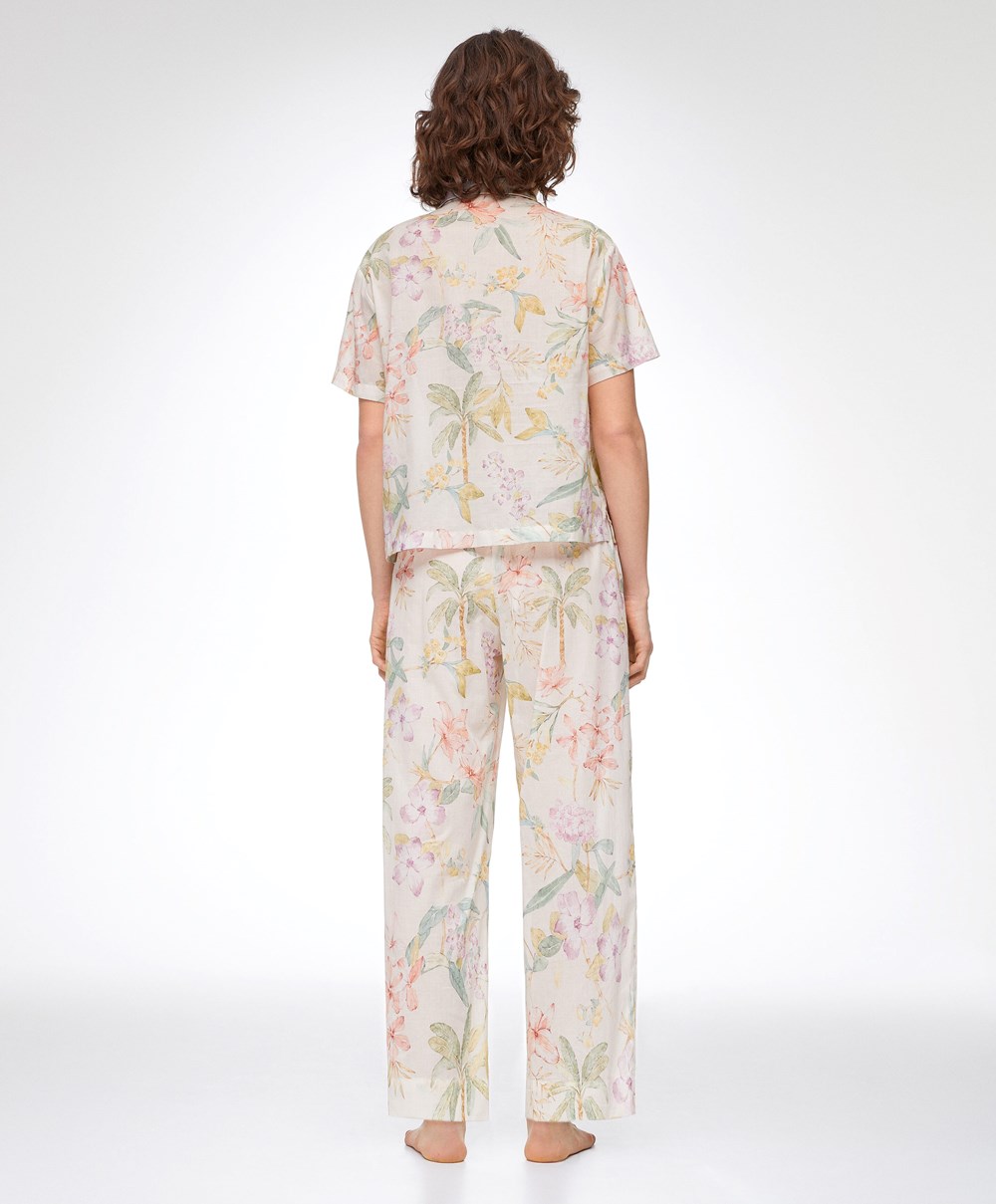 Vanilla Oysho Floral 100% Cotton Short-sleeved Shirt | ETNL69058