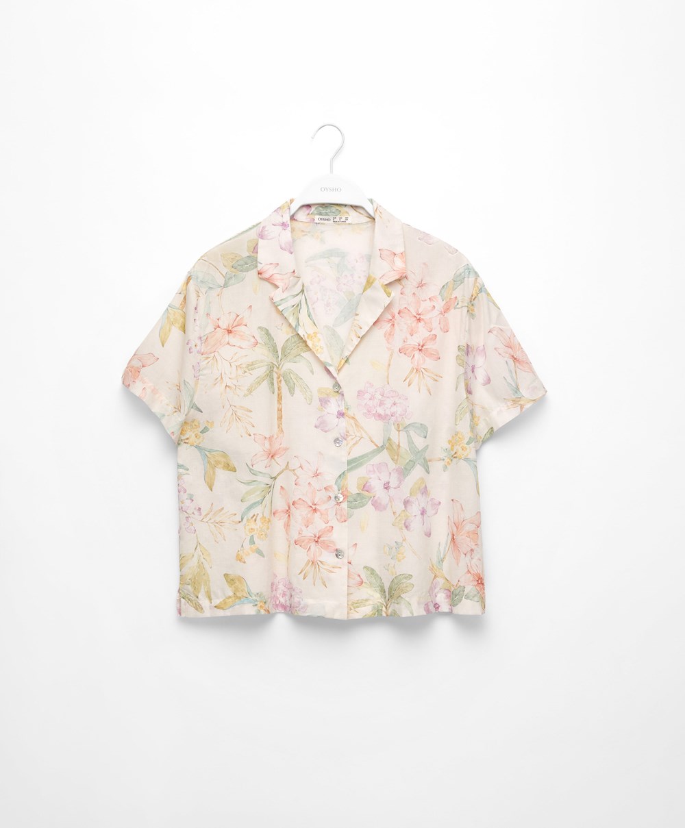 Vanilla Oysho Floral 100% Cotton Short-sleeved Shirt | ETNL69058