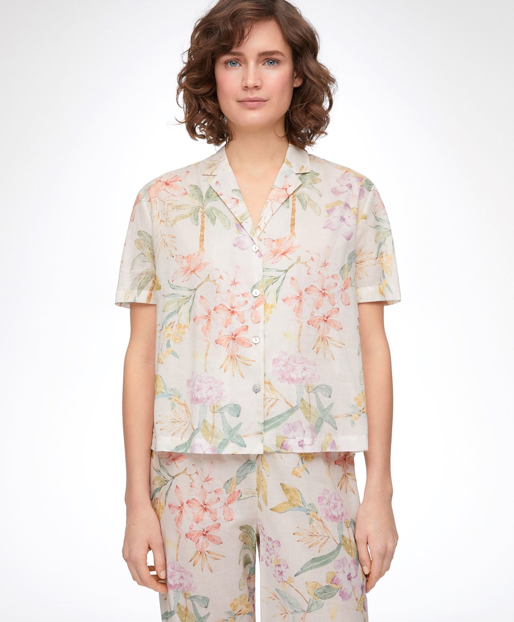 Vanilla Oysho Floral 100% Cotton Short-sleeved Shirt | ETNL69058