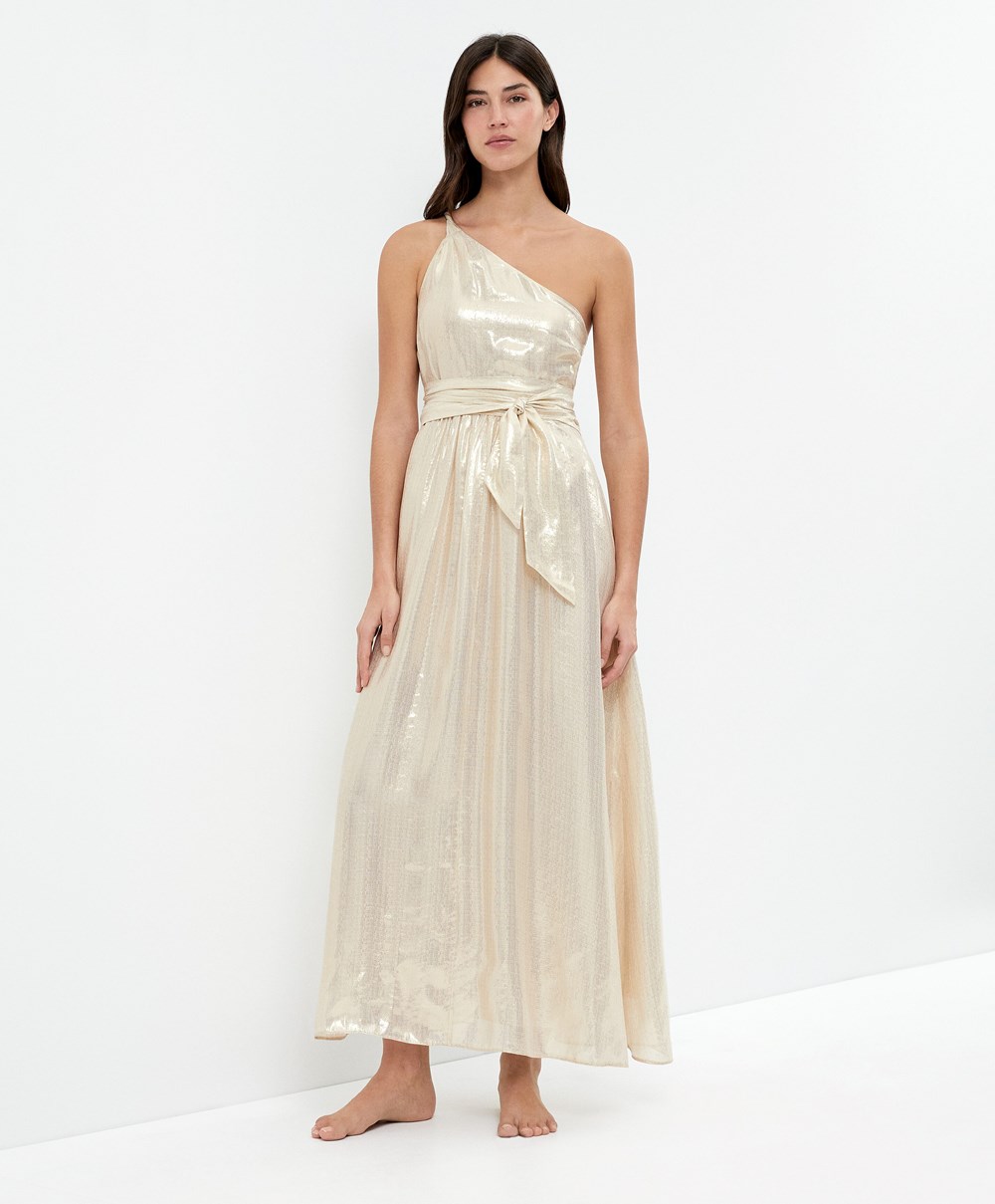 White Gold Oysho Long Asymmetric Silk Dress With Metallic Thread | HBXJ86012