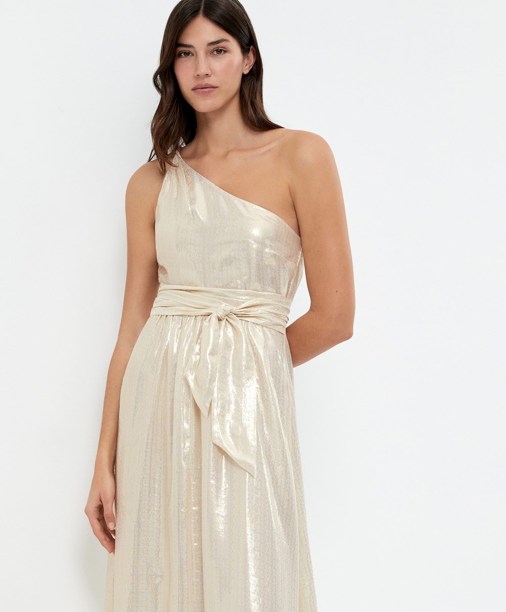 White Gold Oysho Long Asymmetric Silk Dress With Metallic Thread | HBXJ86012