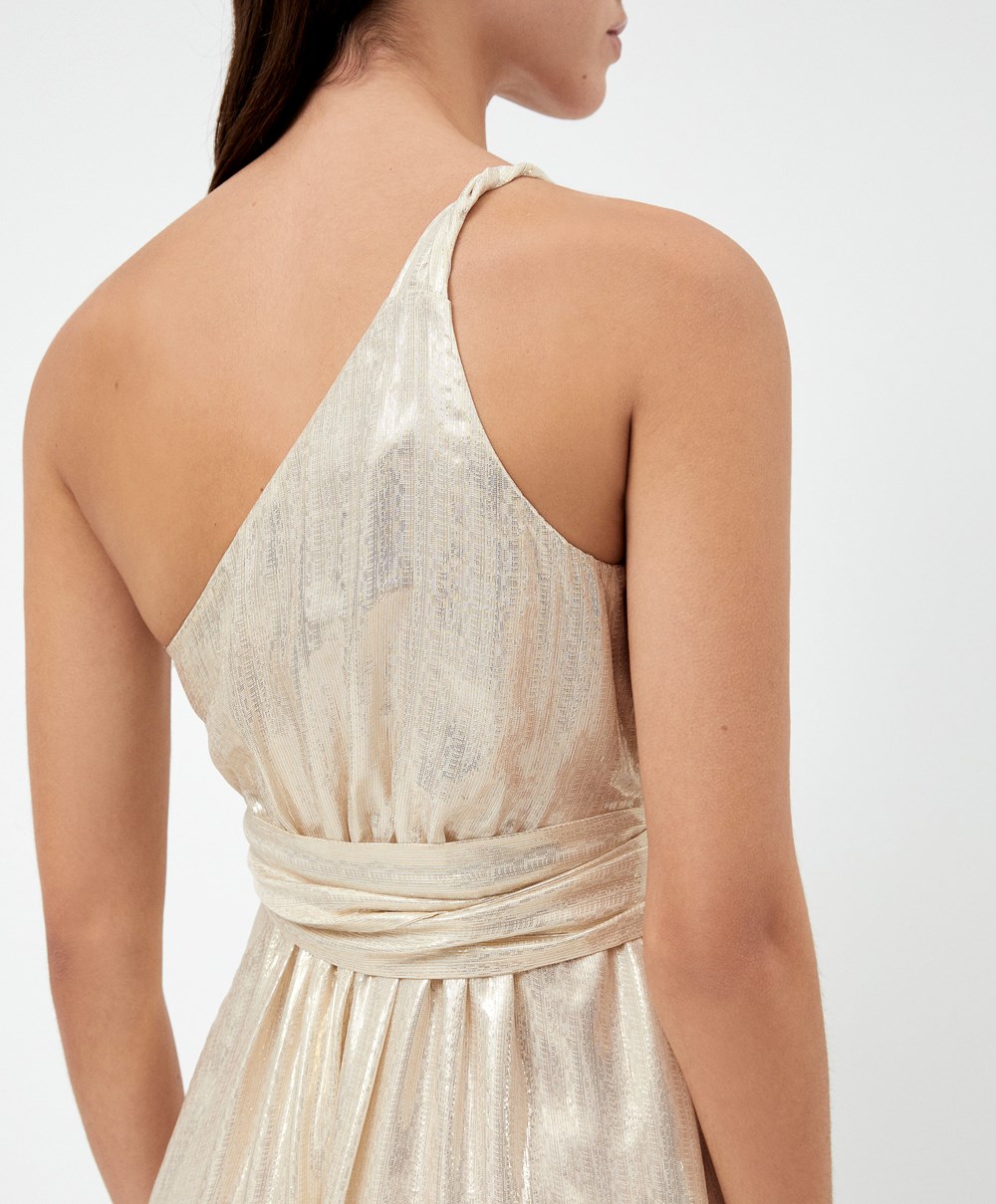 White Gold Oysho Long Asymmetric Silk Dress With Metallic Thread | HBXJ86012