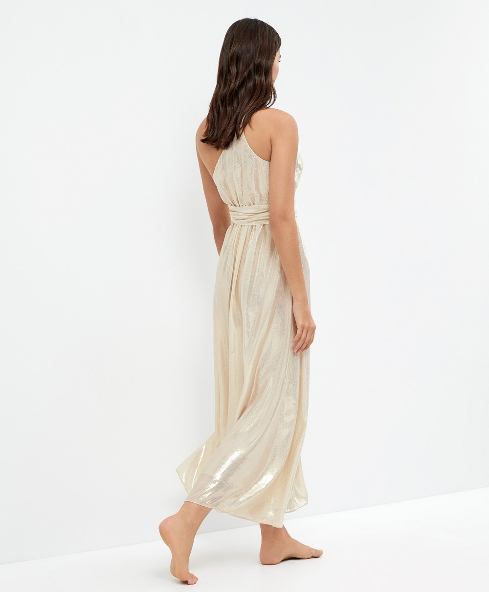 White Gold Oysho Long Asymmetric Silk Dress With Metallic Thread | HBXJ86012