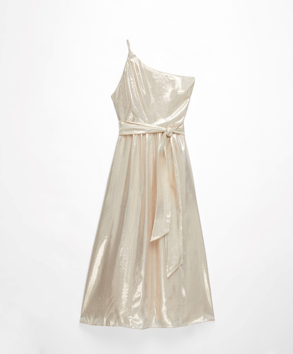 White Gold Oysho Long Asymmetric Silk Dress With Metallic Thread | HBXJ86012