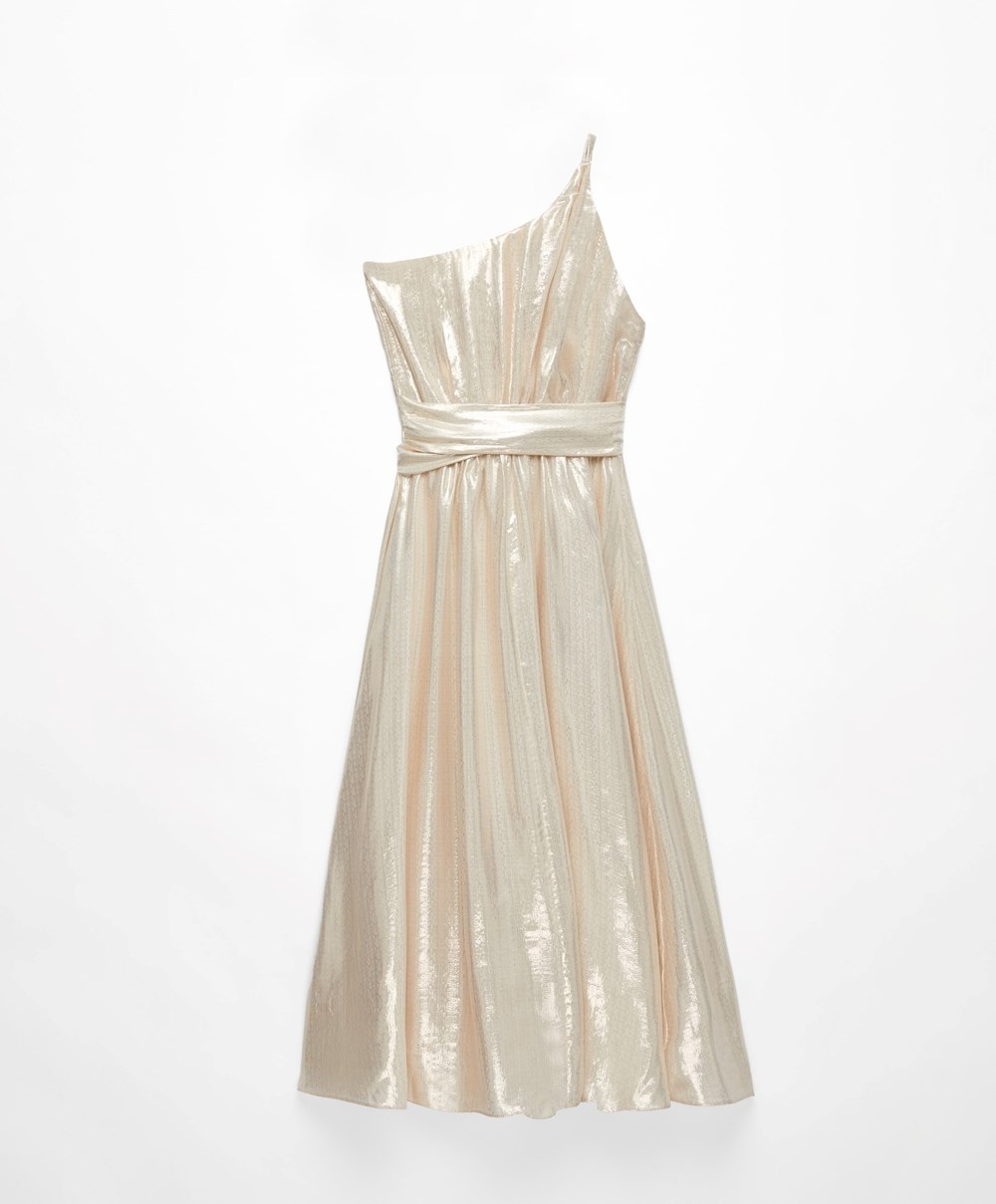 White Gold Oysho Long Asymmetric Silk Dress With Metallic Thread | HBXJ86012