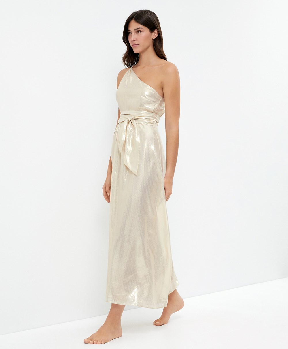 White Gold Oysho Long Asymmetric Silk Dress With Metallic Thread | HBXJ86012