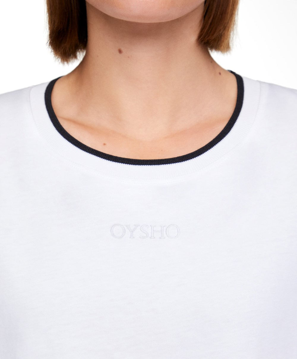 White Oysho 100% Cotton Cropped Short-sleeved Logo T-shirt | OUCQ49683