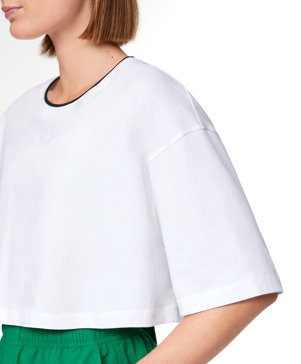 White Oysho 100% Cotton Cropped Short-sleeved Logo T-shirt | OUCQ49683