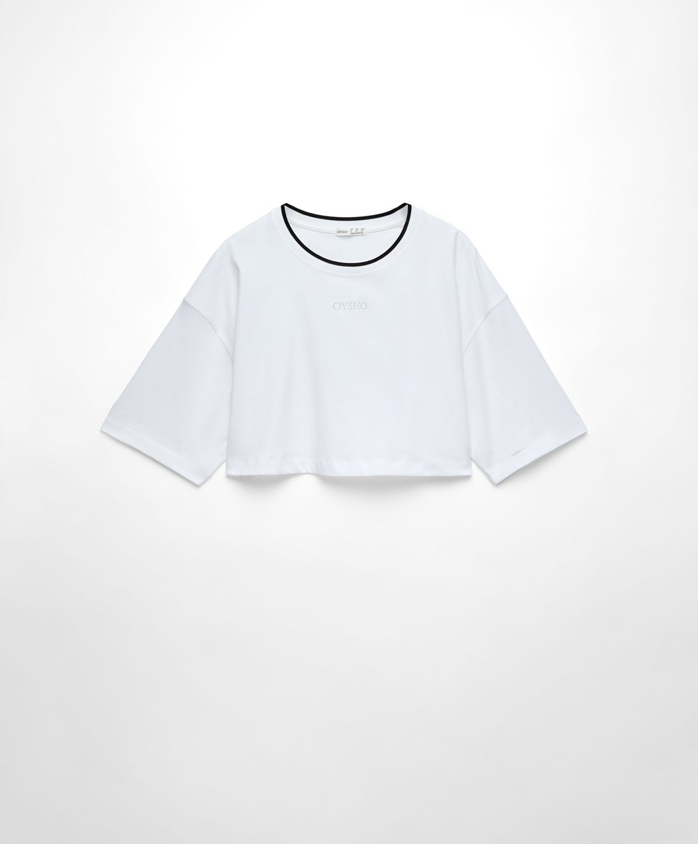 White Oysho 100% Cotton Cropped Short-sleeved Logo T-shirt | OUCQ49683