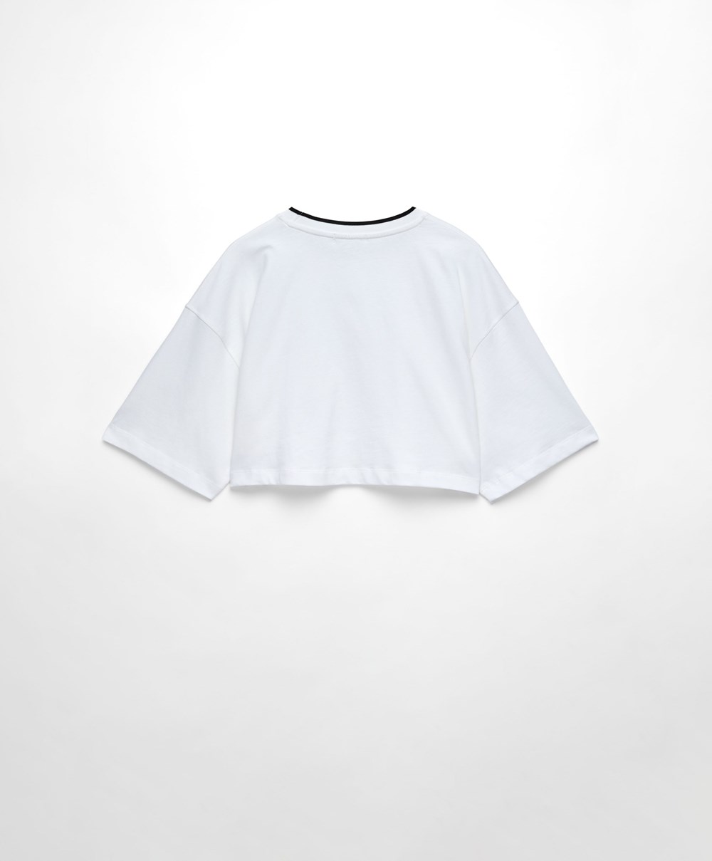 White Oysho 100% Cotton Cropped Short-sleeved Logo T-shirt | OUCQ49683