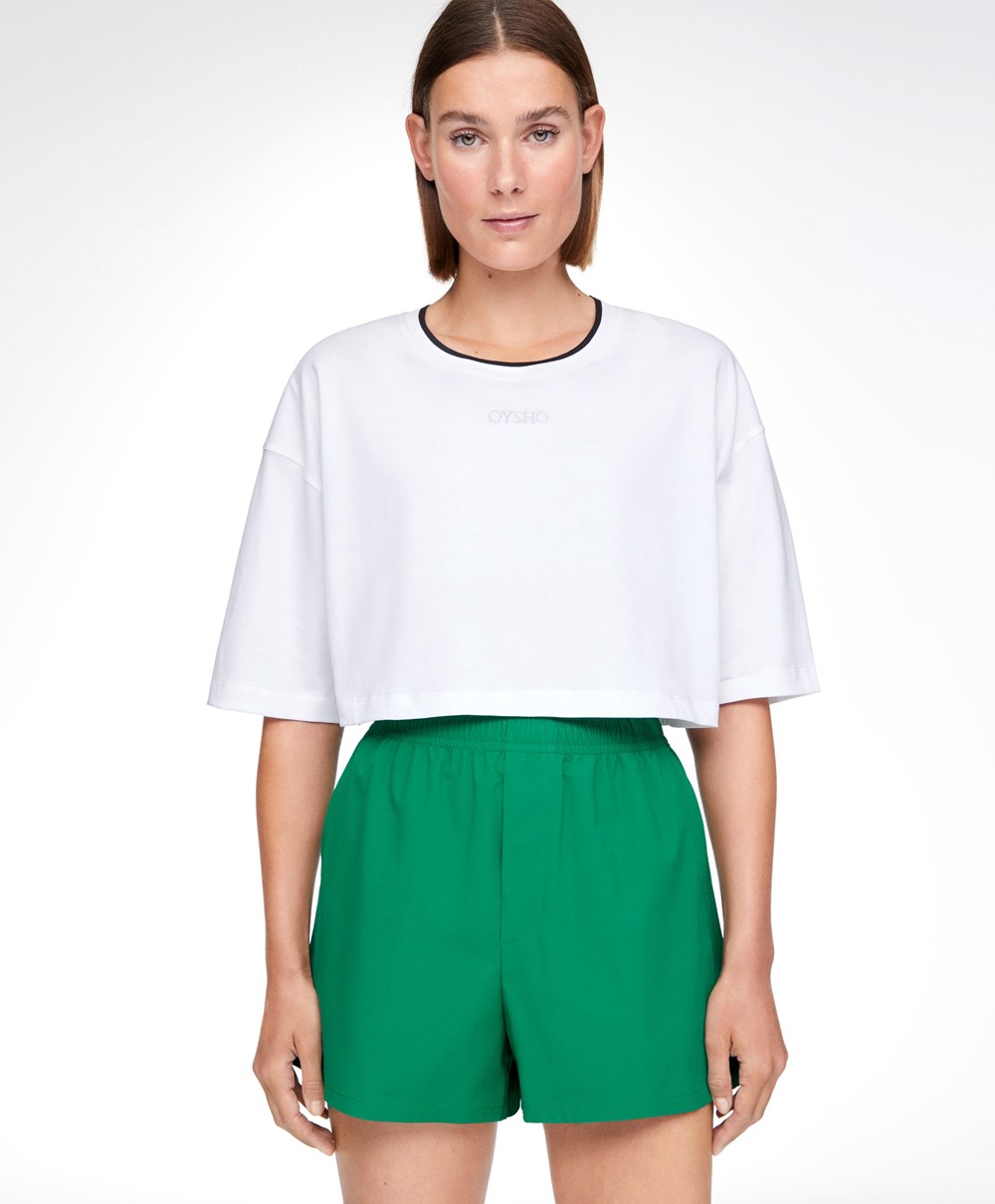 White Oysho 100% Cotton Cropped Short-sleeved Logo T-shirt | OUCQ49683