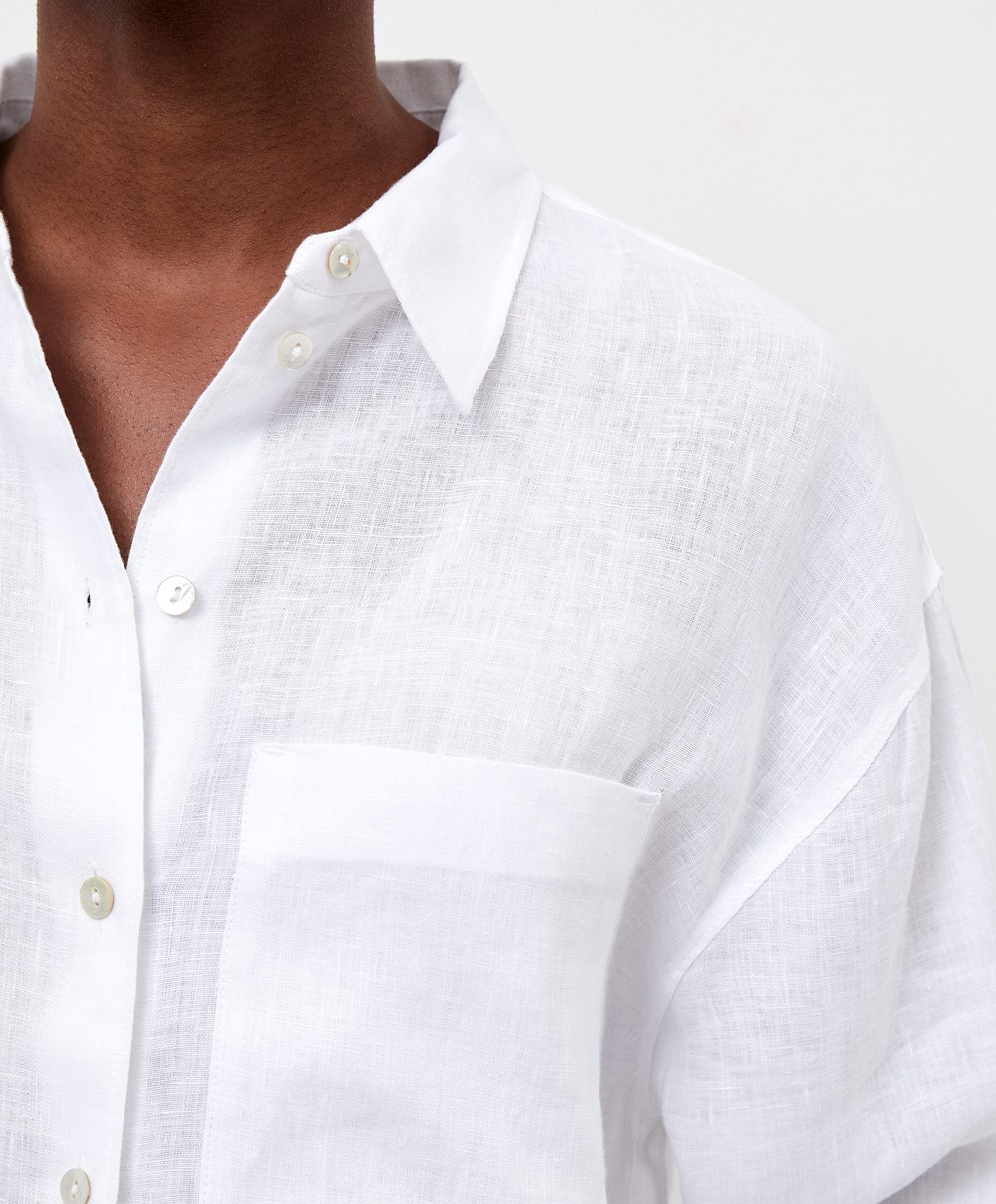 White Oysho 100% Linen Long-sleeved Shirt | NCJG04326