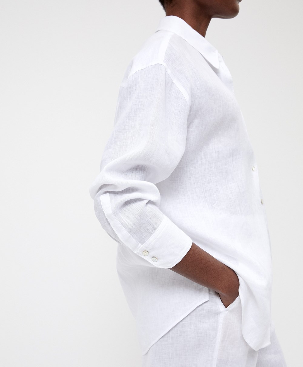 White Oysho 100% Linen Long-sleeved Shirt | NCJG04326