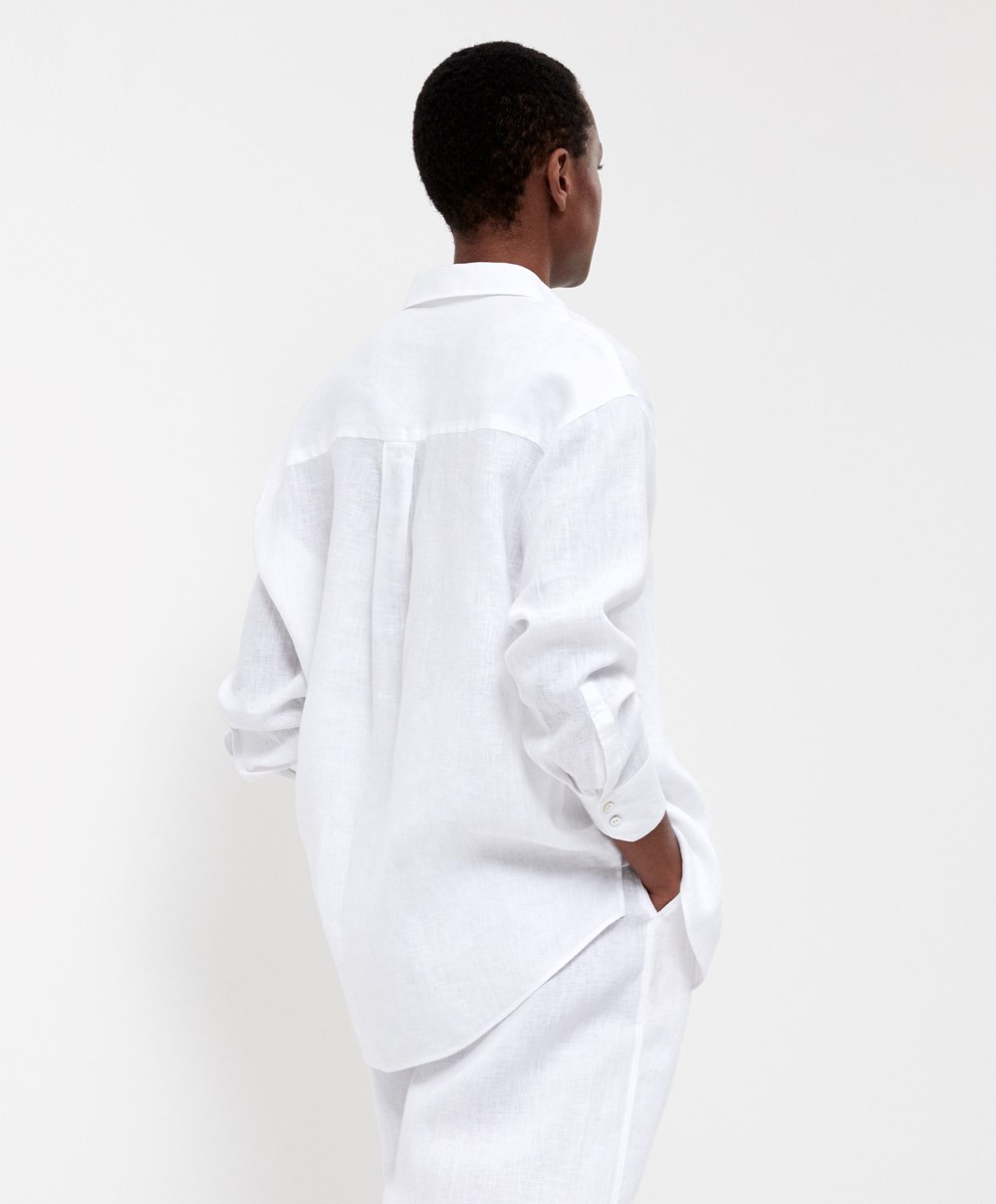 White Oysho 100% Linen Long-sleeved Shirt | NCJG04326