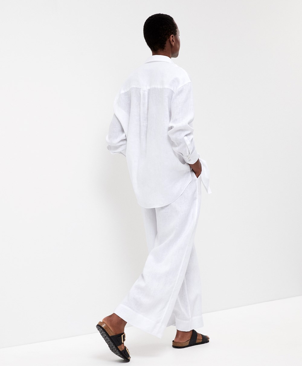 White Oysho 100% Linen Long-sleeved Shirt | NCJG04326