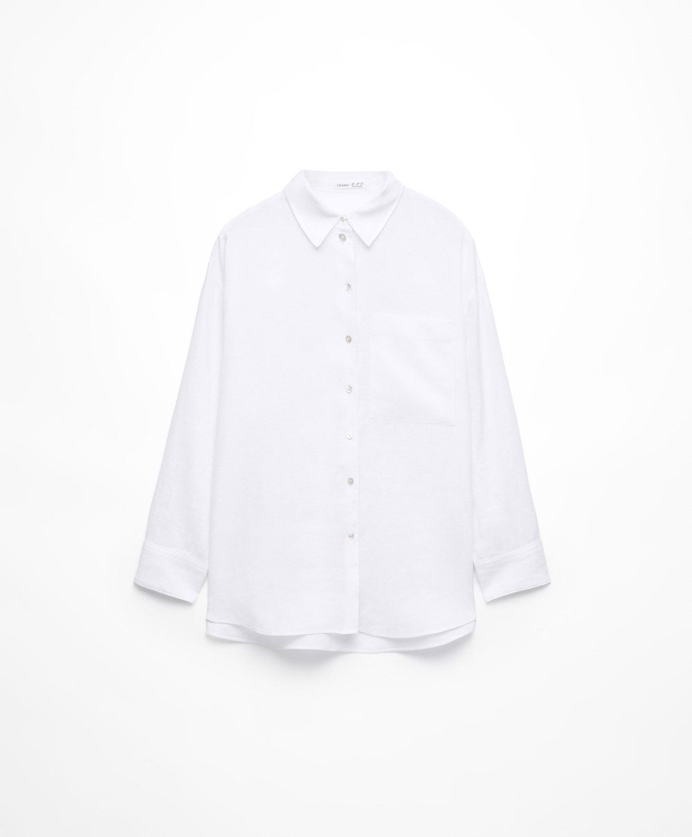 White Oysho 100% Linen Long-sleeved Shirt | NCJG04326