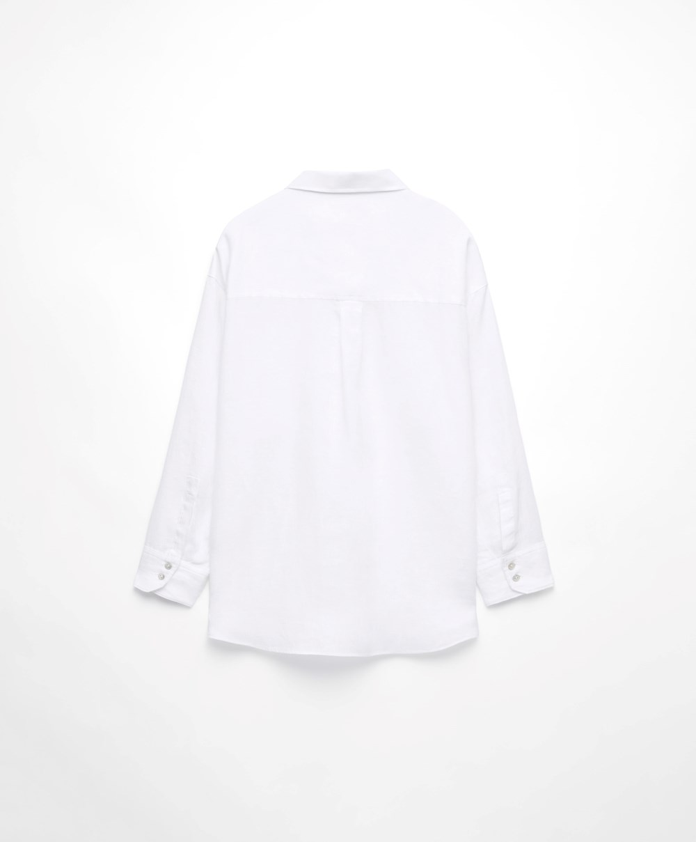 White Oysho 100% Linen Long-sleeved Shirt | NCJG04326