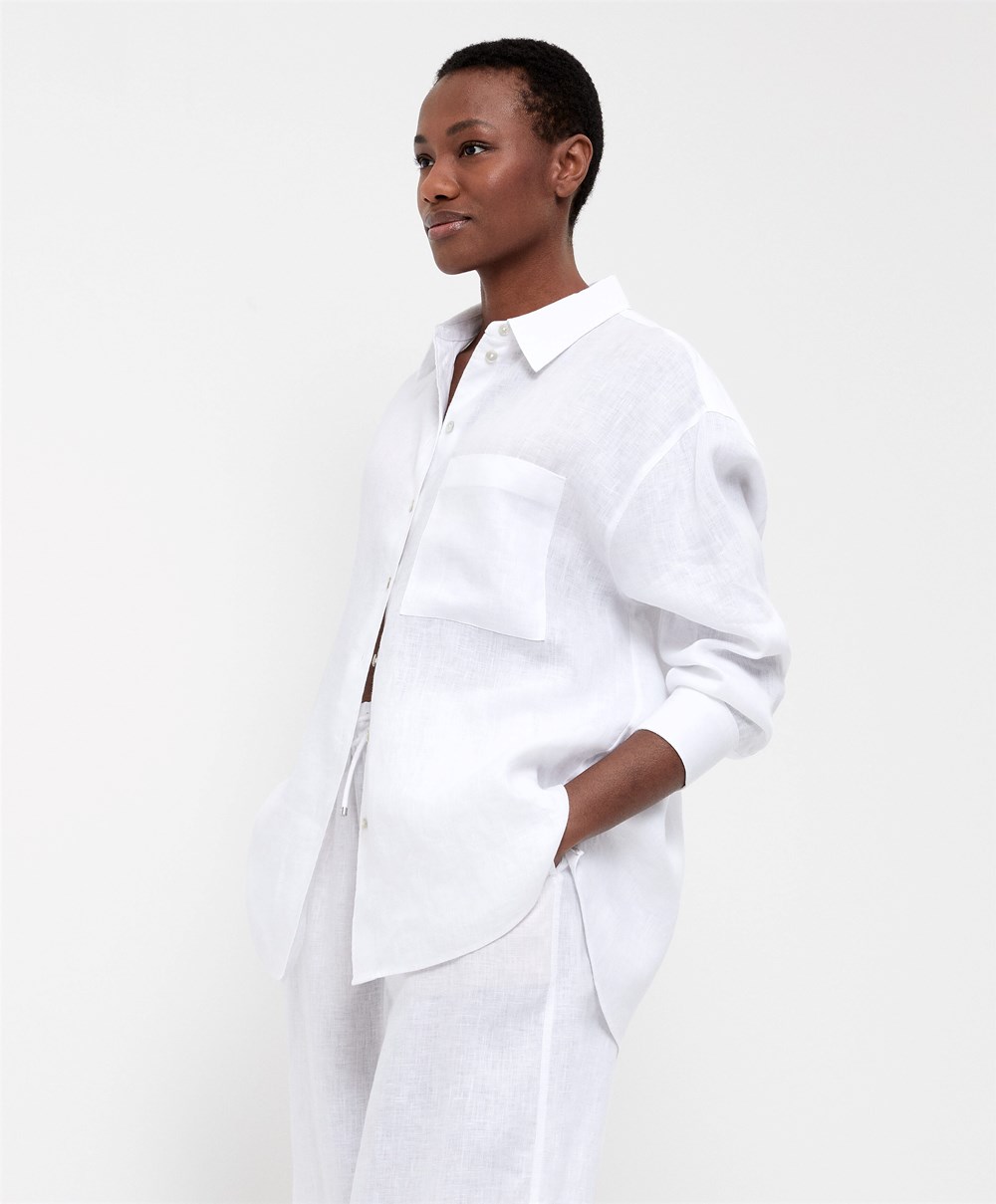 White Oysho 100% Linen Long-sleeved Shirt | NCJG04326