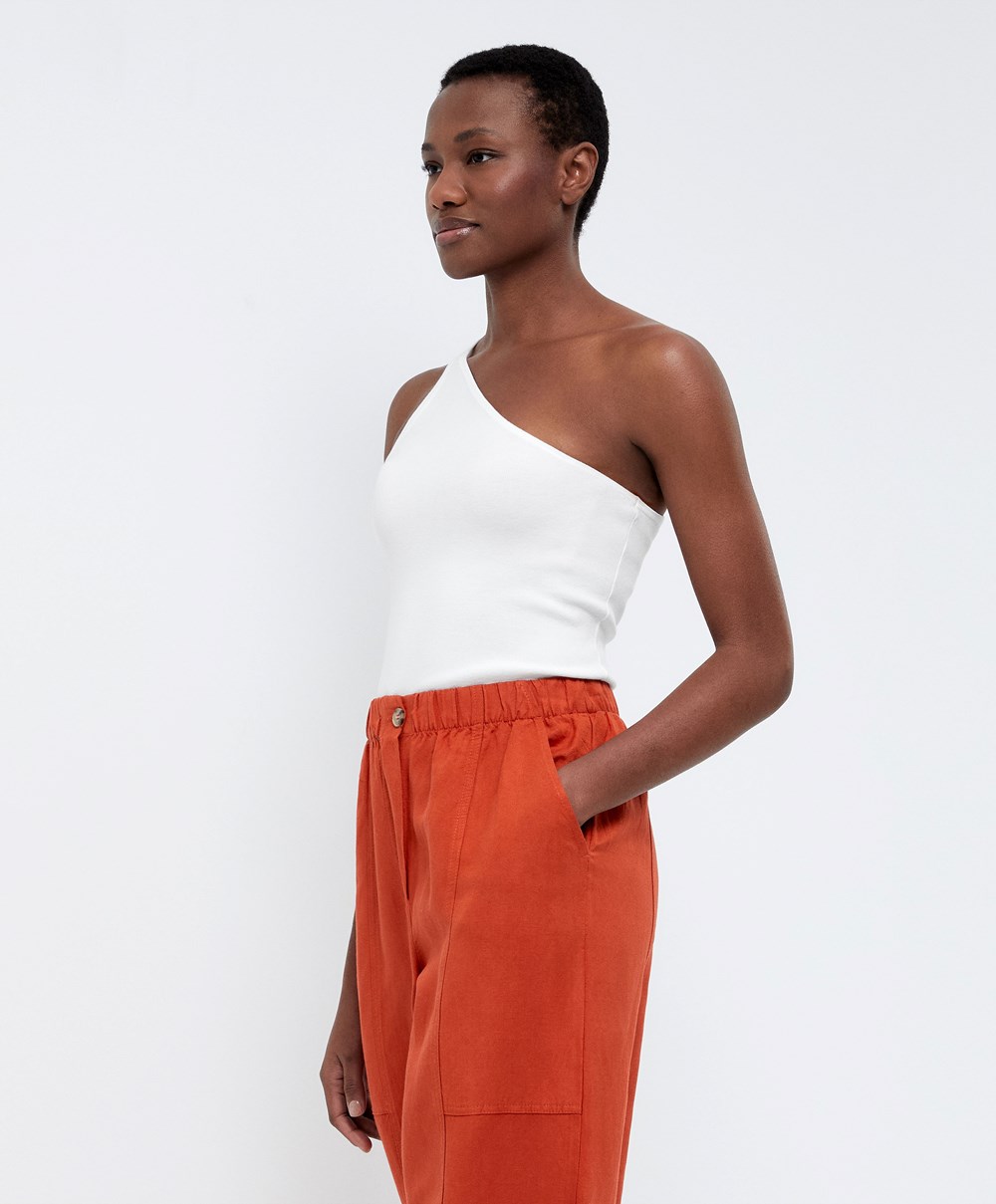 White Oysho Asymmetric Knit Top | KQJN62584