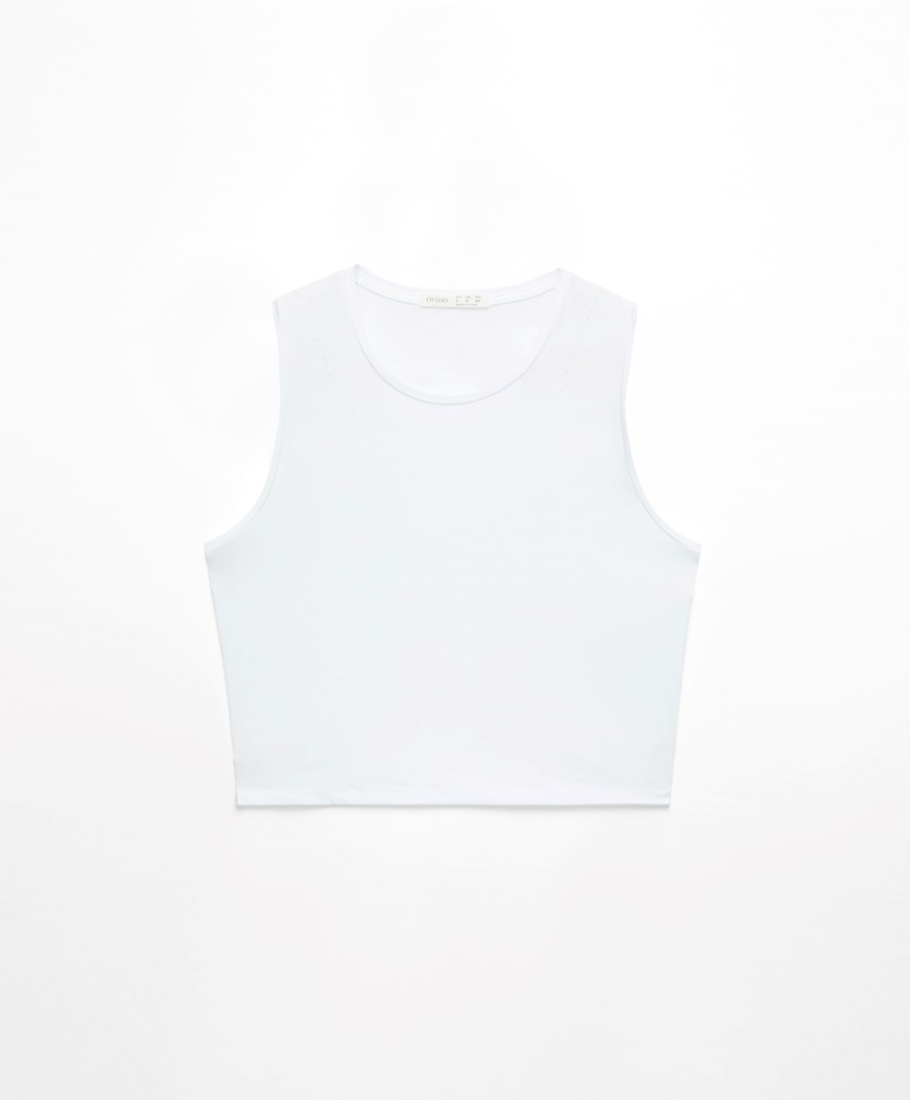 White Oysho Cropped Microperforated Technical Sleeveless T-shirt | LSUH49183