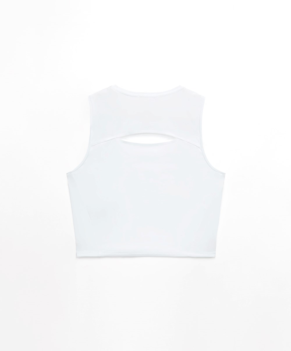 White Oysho Cropped Microperforated Technical Sleeveless T-shirt | LSUH49183